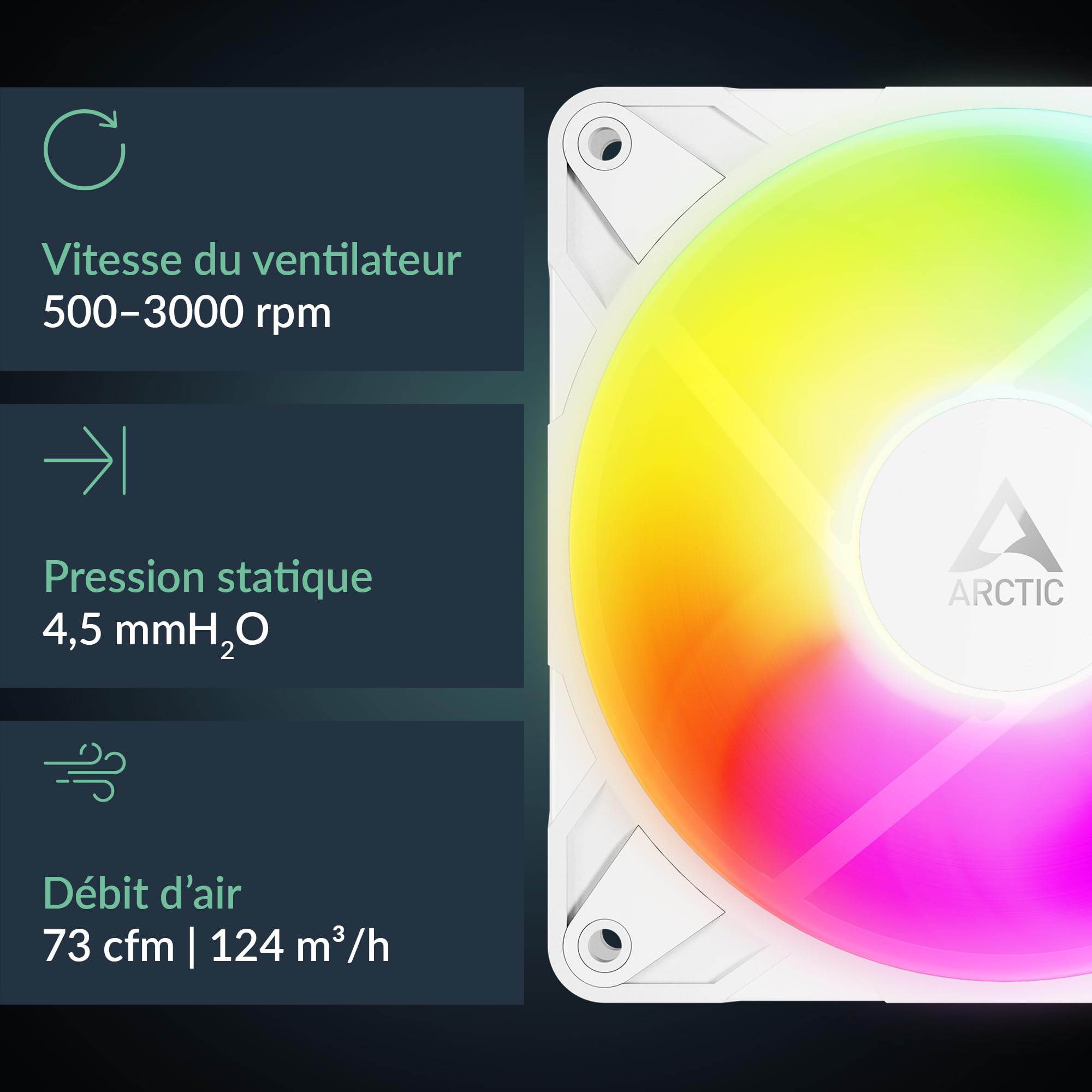 ARCTIC P12 Pro Reverse A-RGB – 3 Pack – 120 mm Ventilateur Premium avec flux d'air inversé, Ventilateur PWM avec répartiteur de câble en Y, 500-3000 rpm, 0 rpm <5% PWM, 5V D RGB, FDB, 4-Pin - Blanc
