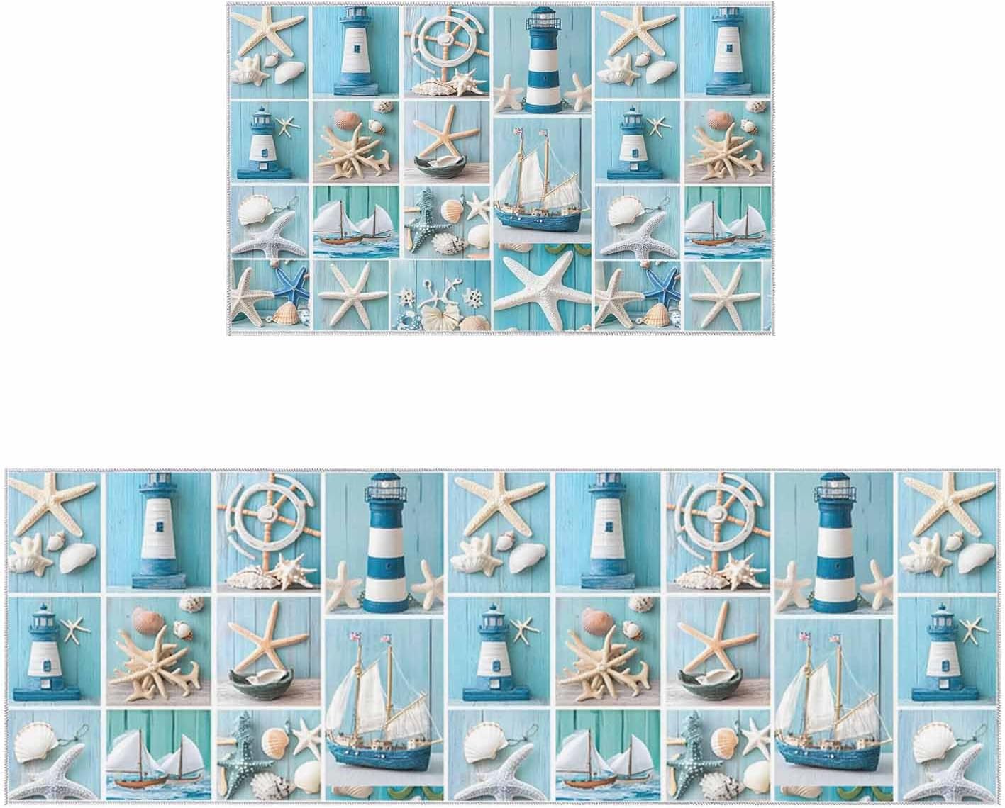 2 Pieces Kitchen Rugs and Mats,Starfish Lighthouse Shell Anchor Ship Area Runner Rug Set Non Slip Floor Doormat Washable Carpet Standing Mat for Kitchen Sink Indoor Corridor,Ocean Theme Blue Wooden