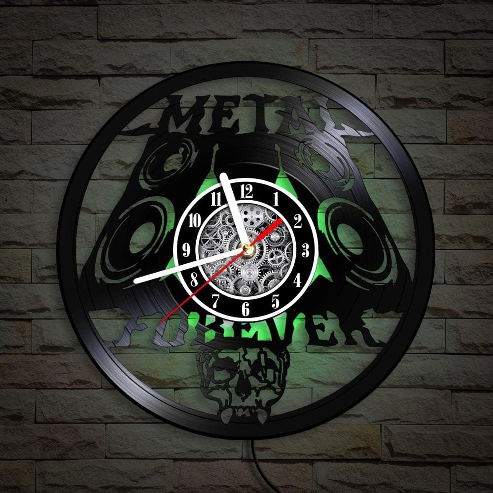 The Geeky Days LED Vinyl Record Wall Clock 7 Color Light, Heavy Metal Music Skull 12inch Silent Non Ticking Luminous Hanging Watch Rock Music Band Group Night Club Decor