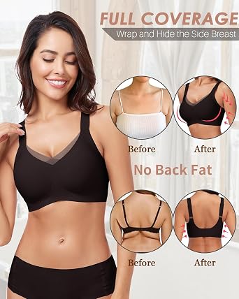 WOWENY Wireless Bras Padded with Support Seamless V Neck Lace Bralette Non Wired Comfy Bustier Everyday Bras for Women