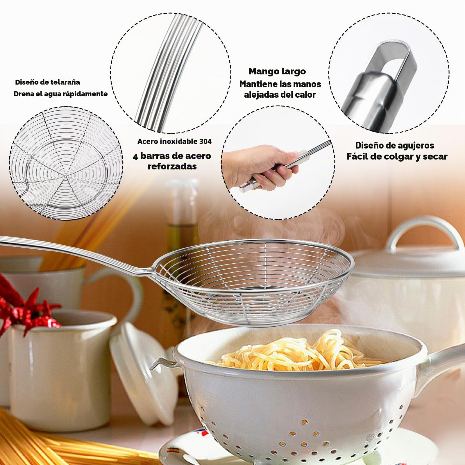 Paleta de espuma de acero inoxidable, juego de colador, colador, cuchara de cocina, colador, colador de araña, paleta de araña, cucharón de telaraña para cocinar, asar, guisar, olla caliente