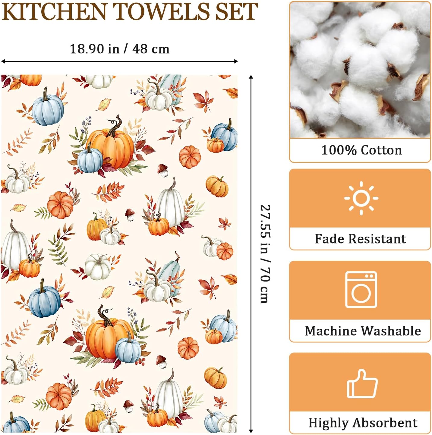 Fall Pumpkin Tea Towels Set of 2, 100% Cotton, 18.9 x 27.5 Inch