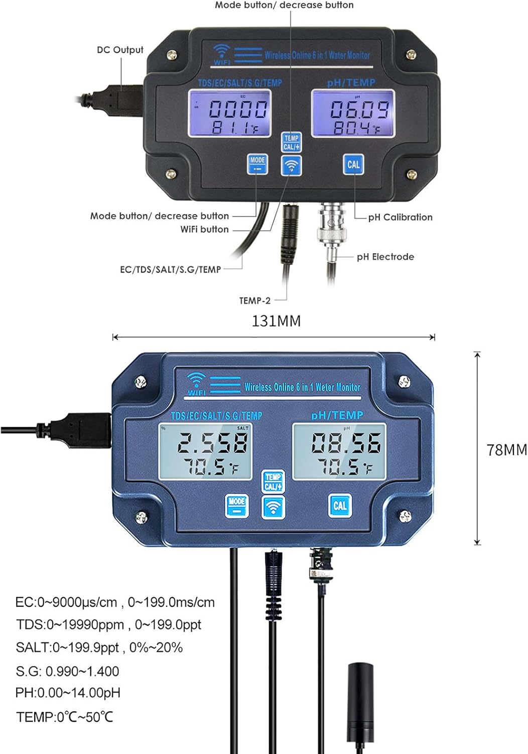 Water Quality Tester - pH/EC/TDS Meter for Hydroponics, Aquariums & Labs - Real-time Monitoring, High Calibration Accuracy, Multi-Parameter with Temperature & S.G Features