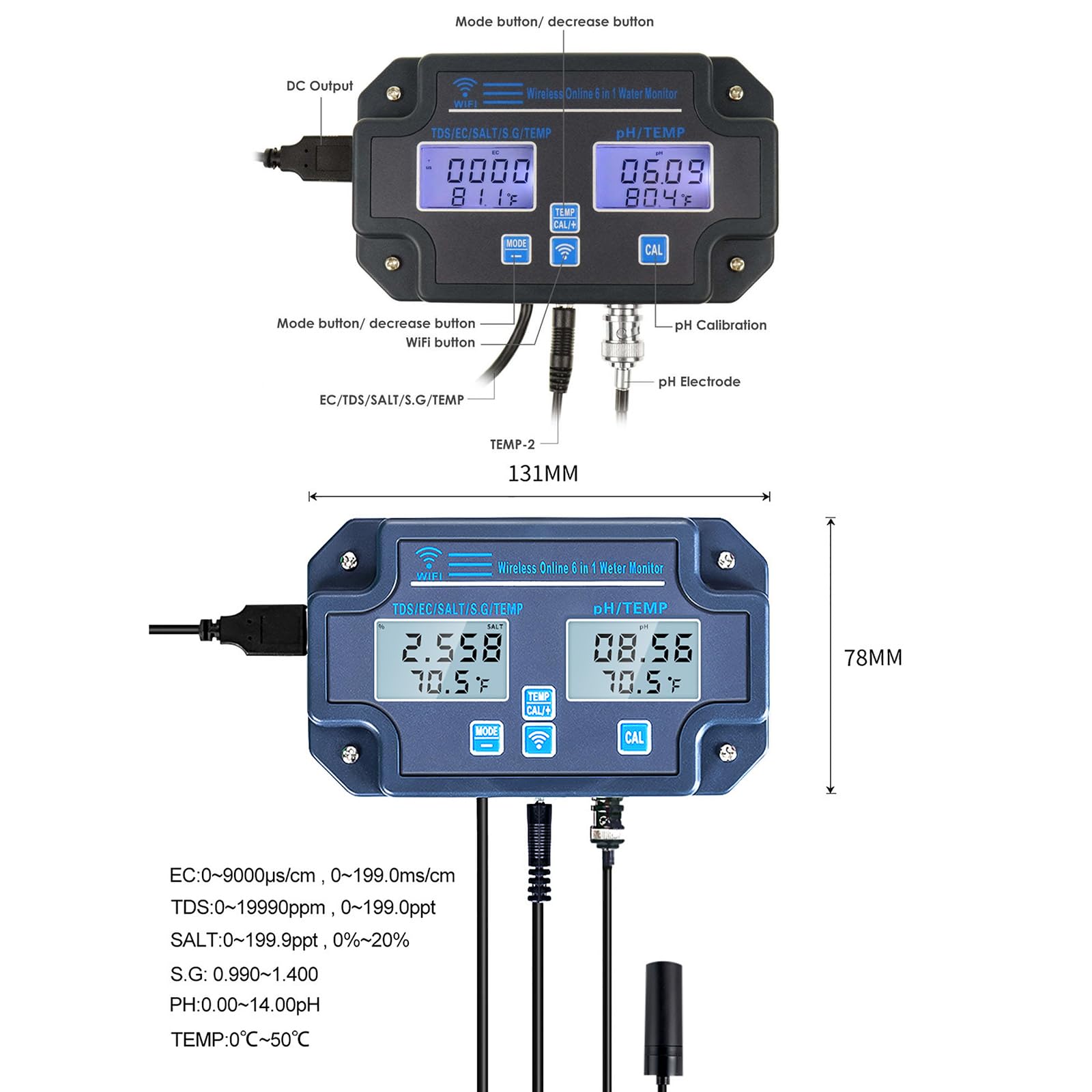 Monitor de calidad del agua, probador de calidad del agua multiparámetro, medidor de PH/EC/Salt/TDS (PPM)/temperatura/S.G con función de calibración automática, monitoreo en tiempo real y