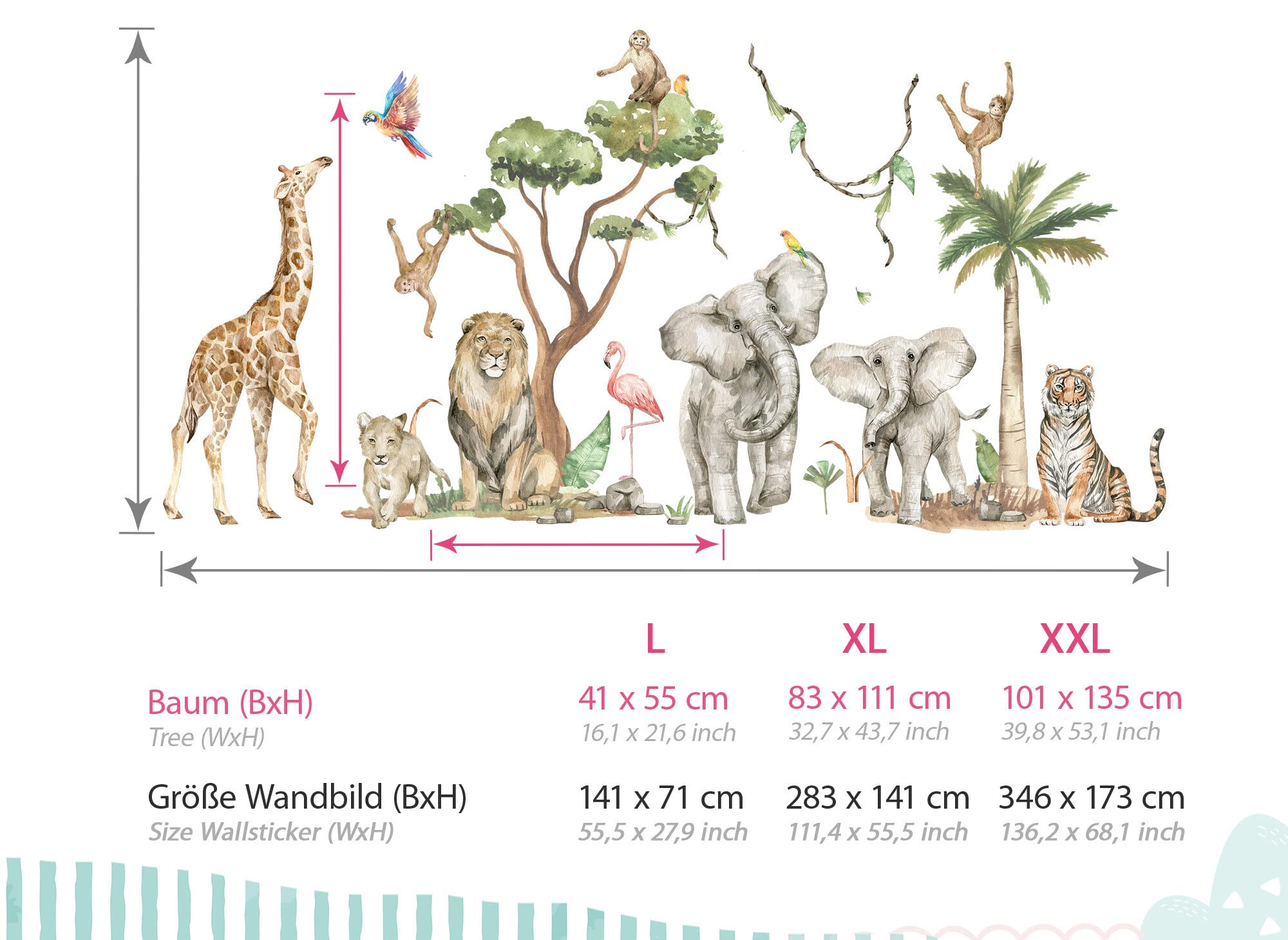 DEKO KINDERZIMMER XXL muurstickerset, jungle, dieren, muurtattoo, kinderkamer, babykamer, safari, leeuw, muursticker, woonkamer, zelfklevend, DK1050-04