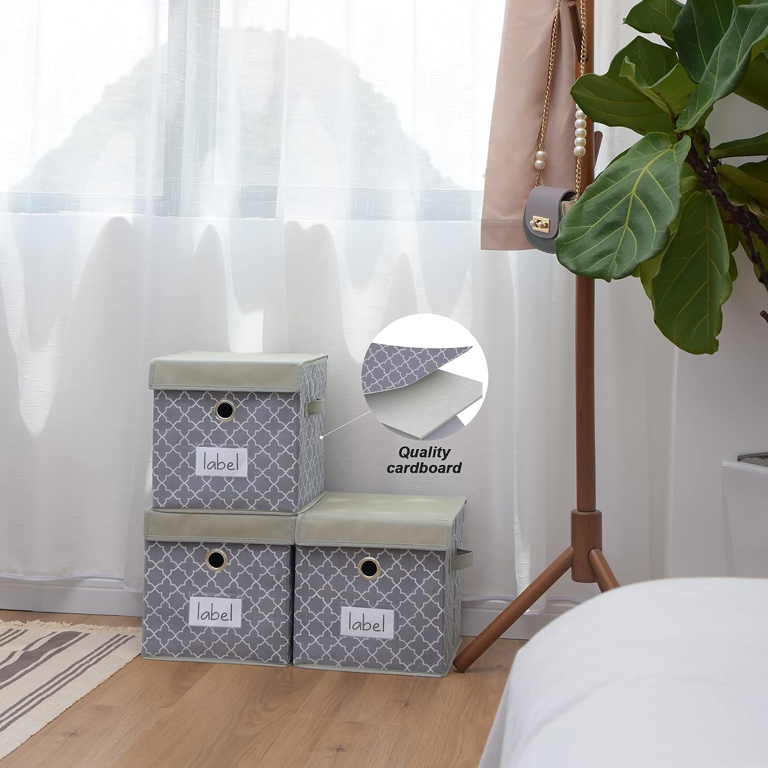 GRANNY SAYS 11 inch Cube Storage Bin, 3-Pack Square Storage Cubes, Cloth Storage Bins with Lids for Dorm, Light Gray/White