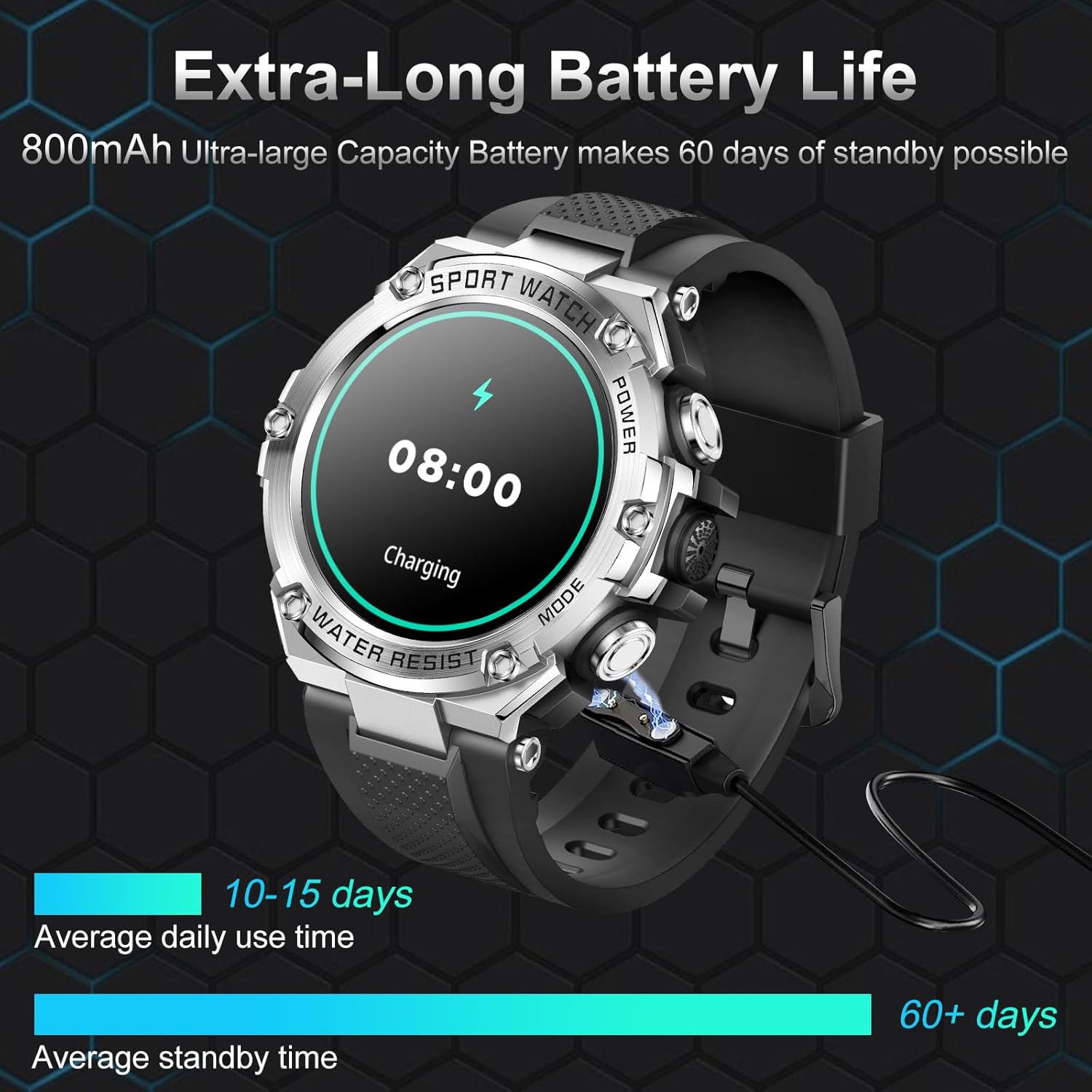 Efolen Military Smart Watch charging, showing battery life indicators