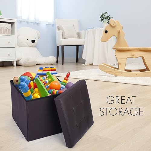 Miniatura 34 de LotFancy Otomana de almacenamiento, taburete plegable para reposapiés, banco pequeño de cuero de 13 x 12 x 12 pulgadas con almacenamiento, soporta