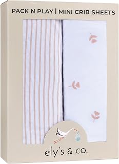 Ely’s & Co. Pack and Play Sheets, for Mini/Portable Crib, 2 Pack Fitted Playpen Play Yard Sheet Set Compatible with Graco Pack n Play, for Baby Girls, 100% Cotton, Pink Tulips and Stripes, 38”x24”x5”