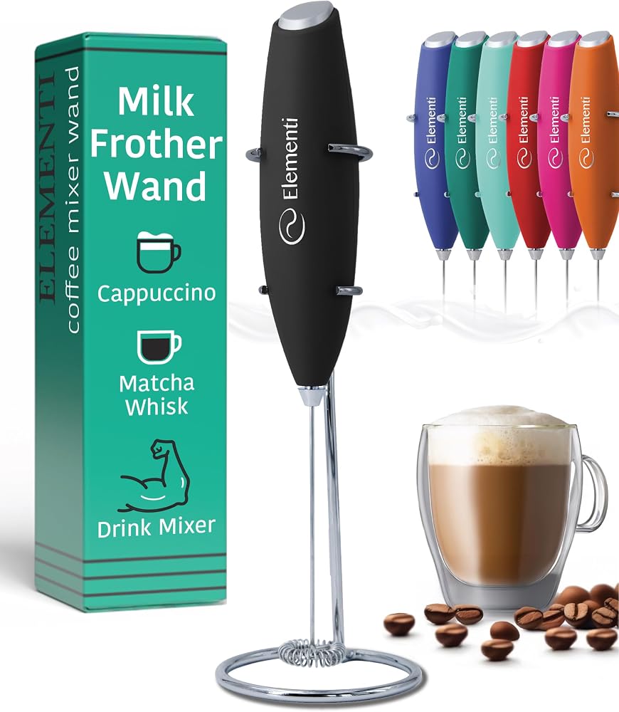 Amazon product image of Milk Frother Wand & Electric Stirrer with Stand - Turbo Coffee & Milk Frother Handheld - Hand Held Coffee Mixer Wand & Cold Foam Maker for Frothy Cappuccinos, Lattes & Drink Mixes at Home (Black)