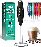 Amazon product image of Milk Frother Wand & Electric Stirrer with Stand - Turbo Coffee & Milk Frother Handheld - Hand Held Coffee Mixer Wand & Cold Foam Maker for Frothy Cappuccinos, Lattes & Drink Mixes at Home (Black)