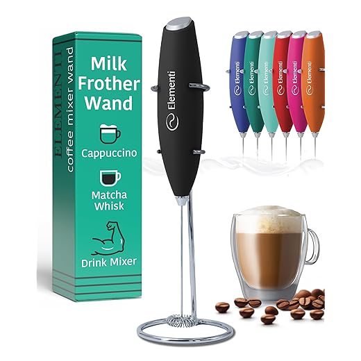 Elementi Milk Frother Handheld Electric Matcha Whisk (Black), Electric Milk Frother for Coffee Frother Electric Handheld Drink Mixer, Hand Frother Milk Foamer, Foam Maker for Coffee Stirrers