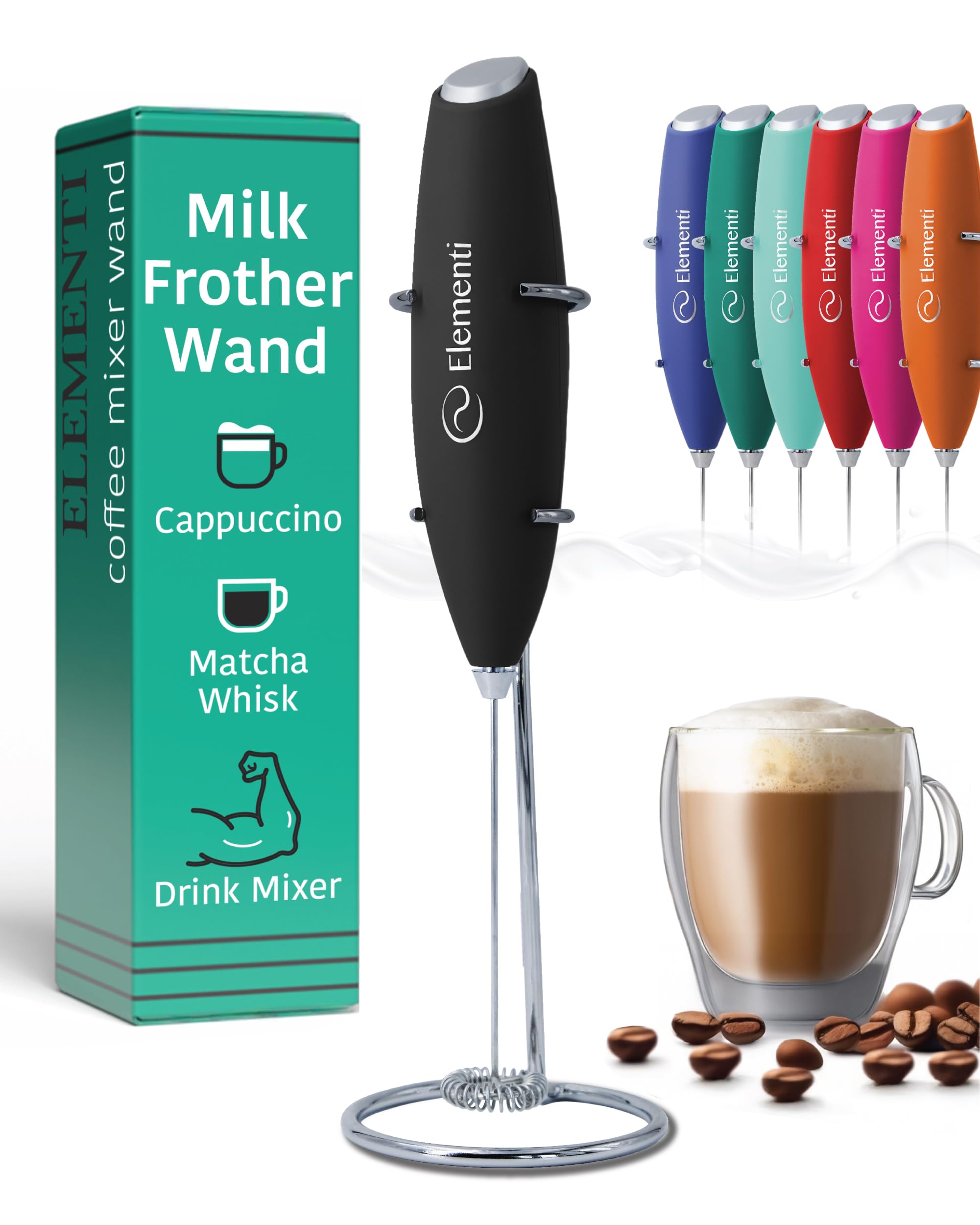 Elementi Mousseur à lait électrique portatif, fouet à matcha, mousseur à lait pour café, mini fouet électrique petit mélangeur à main, machine à frapper (noir)