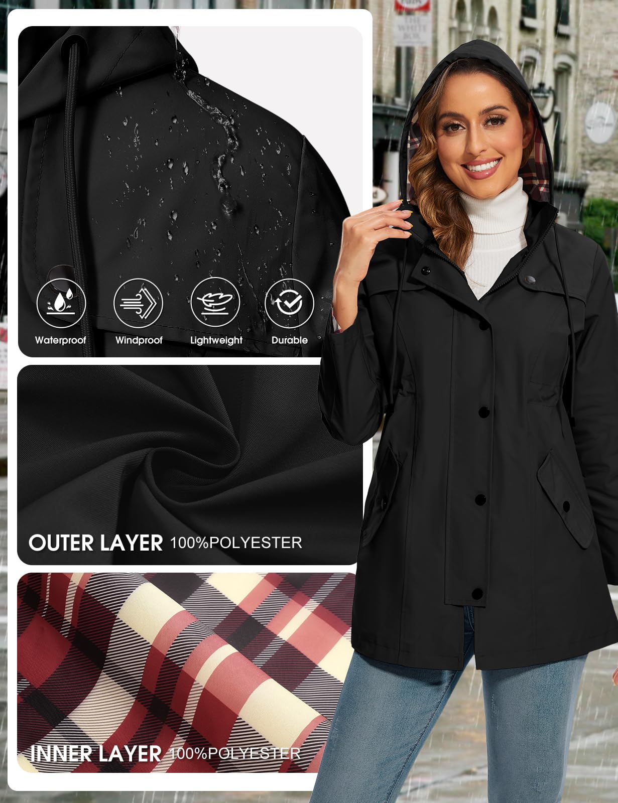 Veste Imperméable Femme Longue Manteau de Pluie à Capuche Doublure Coupe-Vent Longue Vêtements Imperméables Léger Parka Poncho Trench Coat pour Camping Extérieur