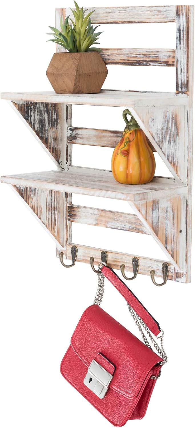 Excello Global Products 2-Tier Rustic Whitewashed Mounted Wood Wall Shelf with Shabby Chic, Farmouse Decor with 4 Hooks. Perfect For Any Room