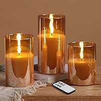 Eywamage Gold Glass Flameless LED Pillar Candles with Remote - Realistic Flickering Battery Operated Set of 3 for Holidays