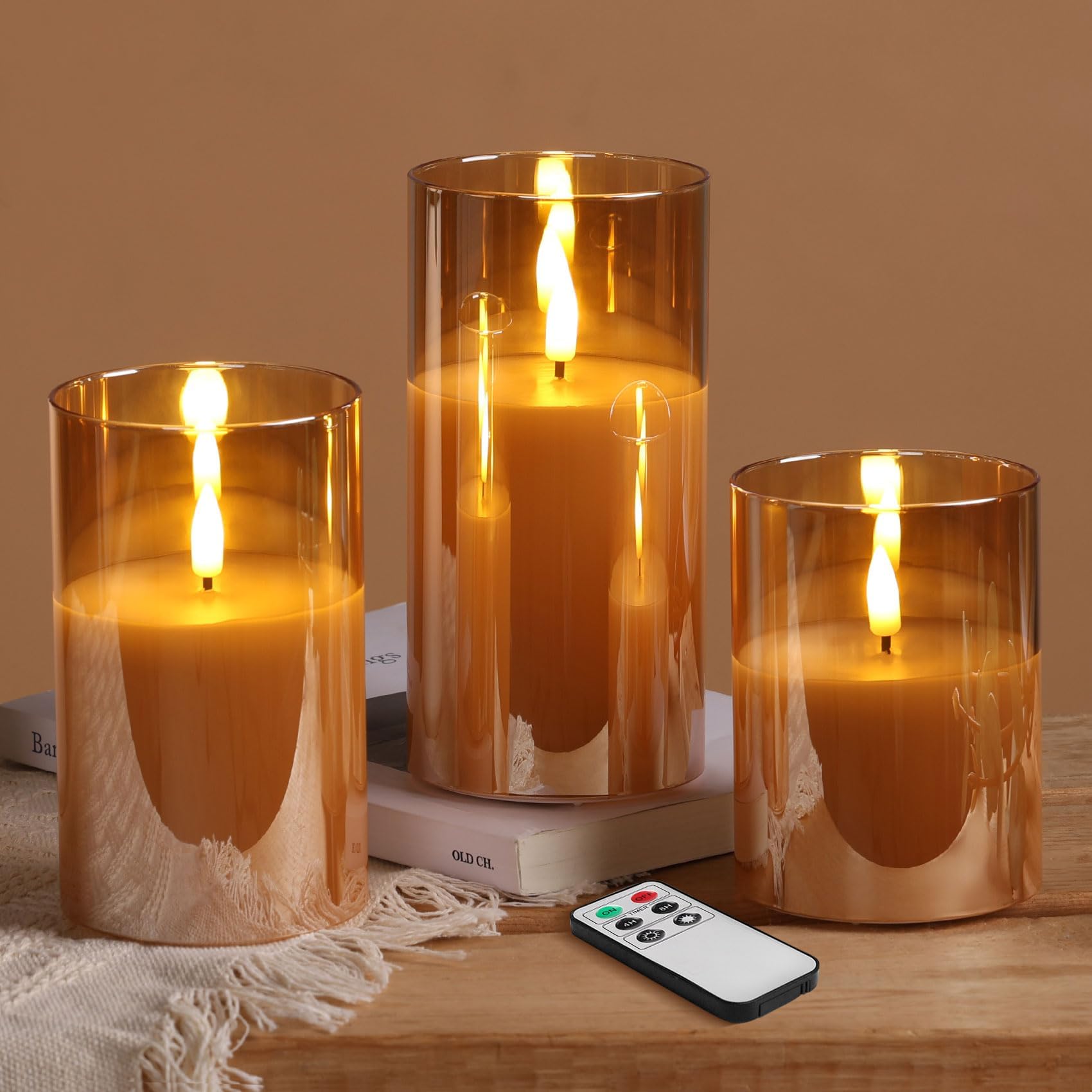 Gold Glass Flameless Pillar Candles with Remote, Flickering Christmas LED Candles Battery Operated Set of 3