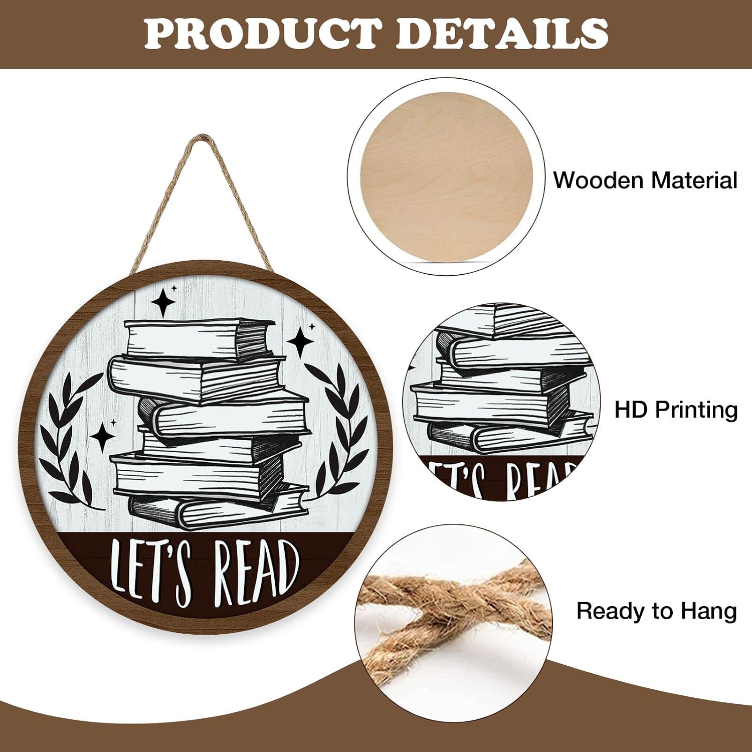 Vintage Let's Read Book Front Door Sign, Retro Inspirational School Classroom Library Reading Corner Wood Plaque Hanger, Farmhouse Wooden Wreath Indoor Wall Hanging Home Decor Book Lover Gift