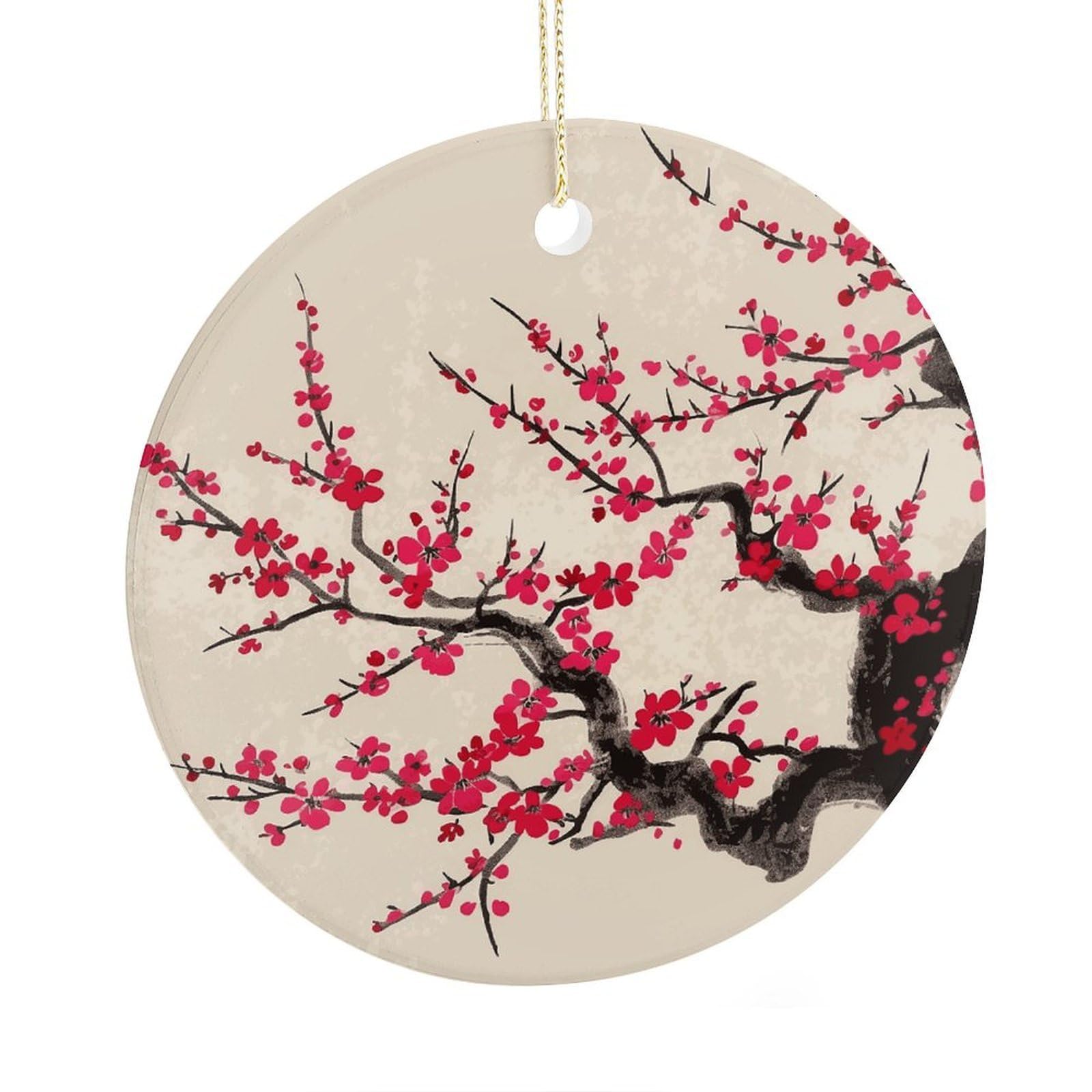 Fekiloot Style Japanese Floral Cherry Blossom Christmas Ornaments 2.9 Inch Round Ceramic Ornament Keepsake Thank You Gifts For Office, Room, Home - Holiday Present Ideas