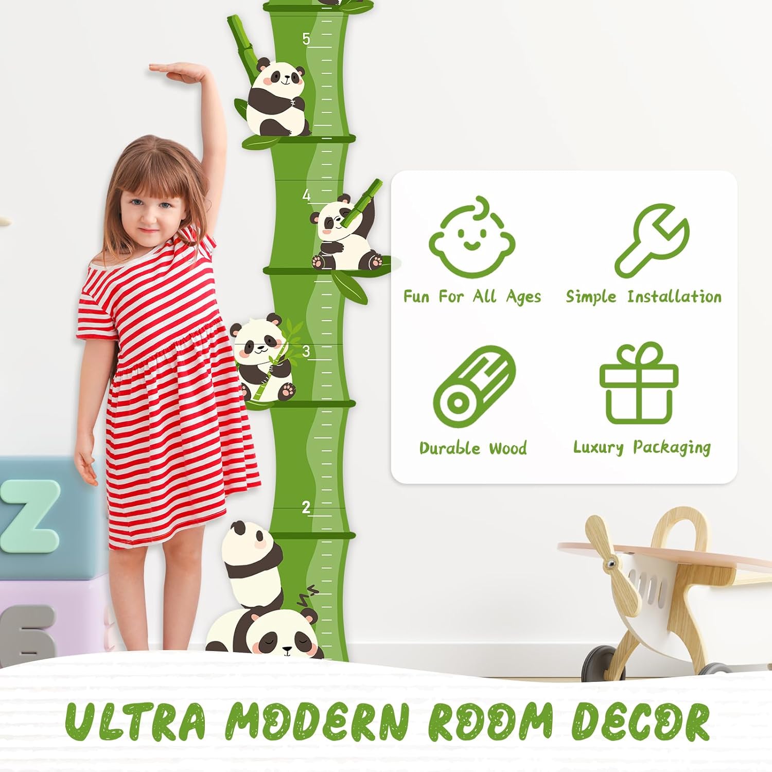 Personalized Bamboo Panda Wooden Height Chart for Kids – Custom Name Growth Chart for Baby Boy Girl, Height Measurement Ruler for Nursery or Playroom Decor