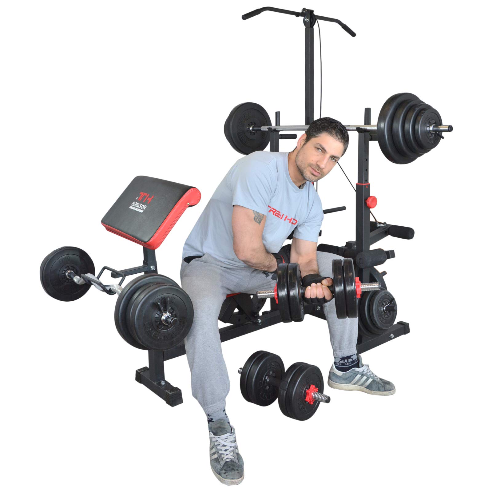 TrainHard Wielofunkcyjna ławeczka do podnoszenia ciężarów z podciągiem, stacja kulturystyczna z talerzami do hantli od 50 do 150 kg, zestaw hantli z długą sztangą, hantlami krótkimi, sztangą łamaną (+ 100 kg, długi, krótki i łamany)