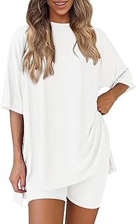Women's Two Piece Lounge Set 2025 Summer Casual Oversized Shirts Biker Shorts Matching Airport Travel Outfit