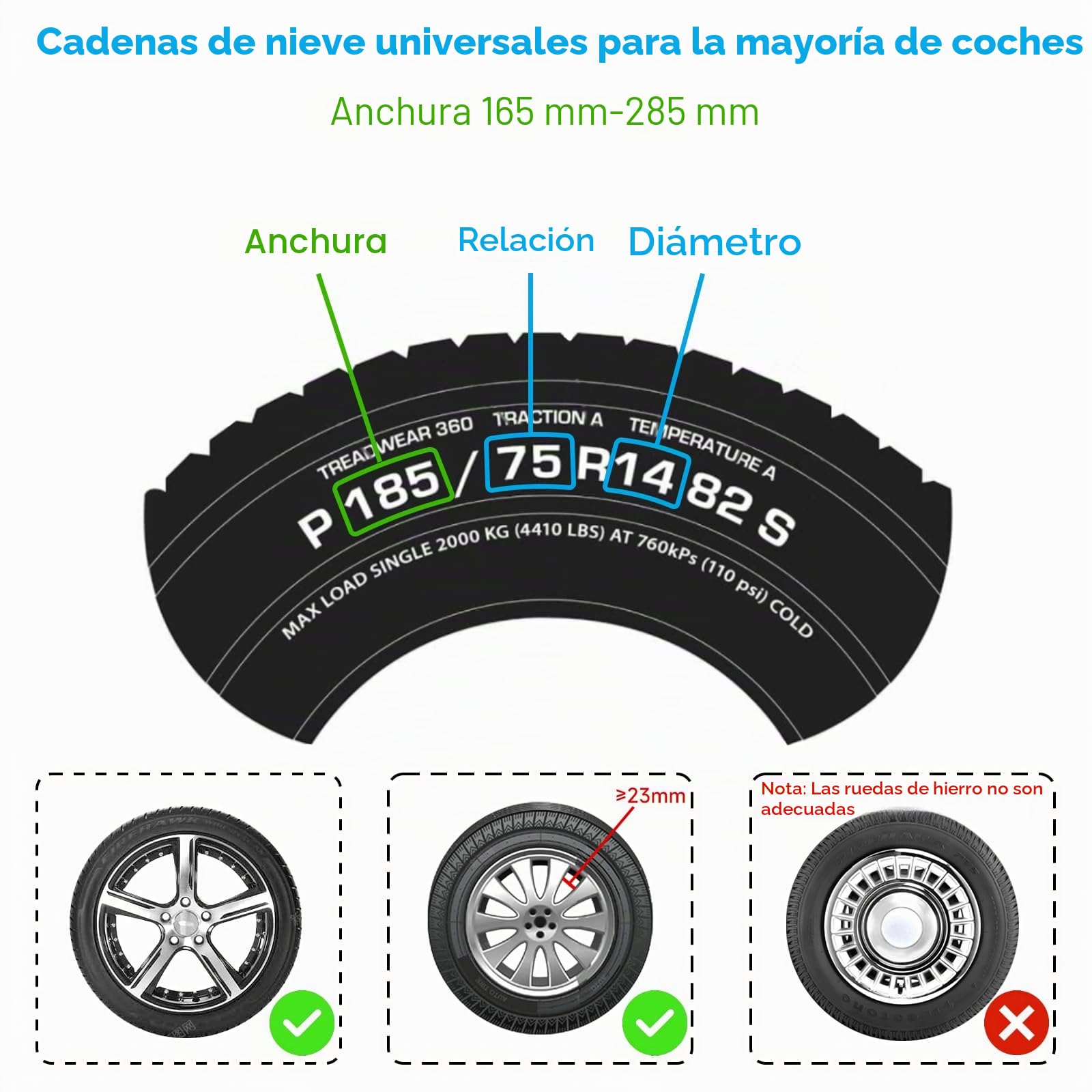 FethFire Cadenas Nieve Universales, 6 Piezas Cadenas Coche Nieve para Coches SUV con Ancho de Neumático 165-285 mm