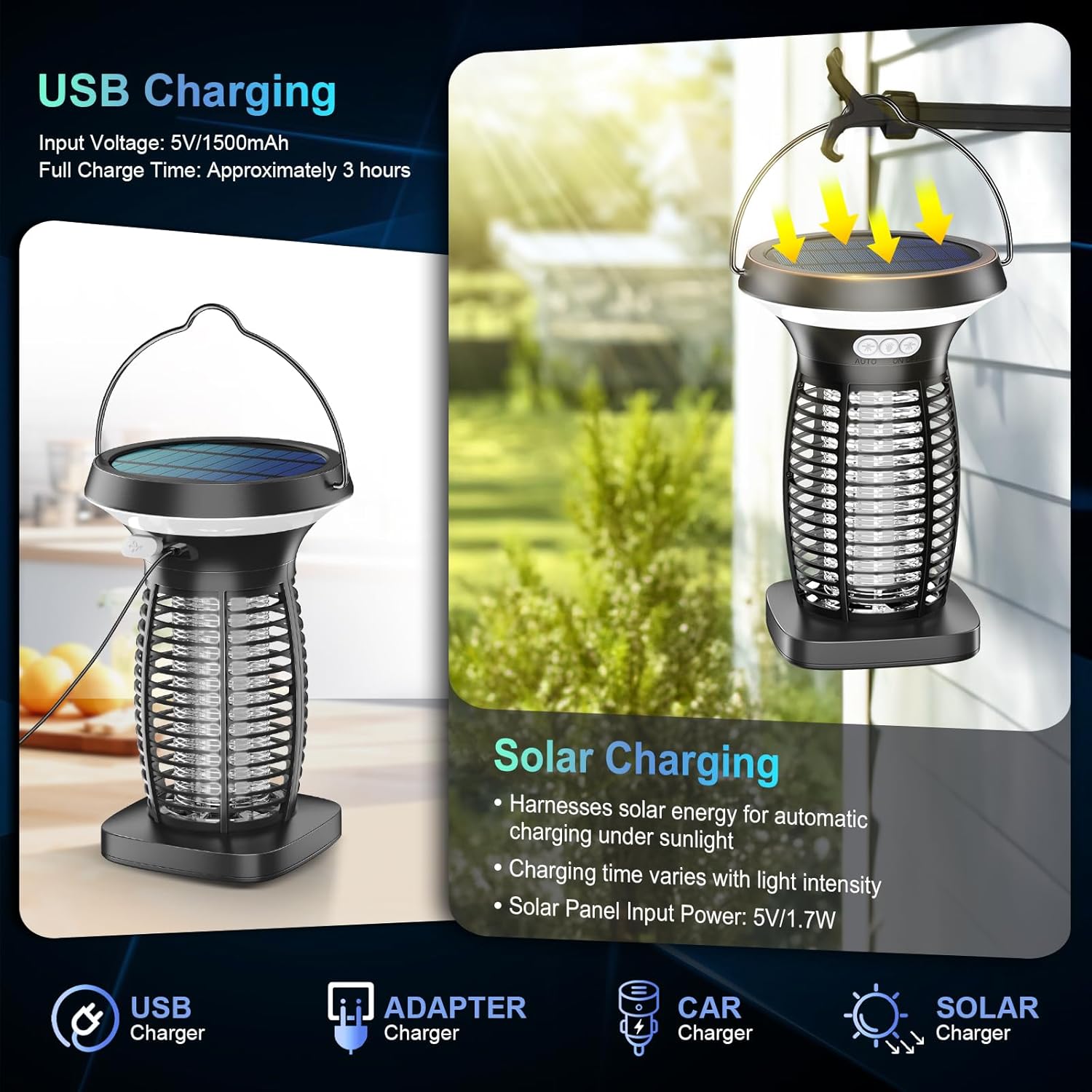 Solar Bug Zapper Outdoor, 3-in-1 Mosquito Zapper Outdoor Solar Powered, Cordless Electric Bug Zapper Indoor with Night Light, Waterproof Fly Zapper for Patio Backyard Home Kitchen Camping