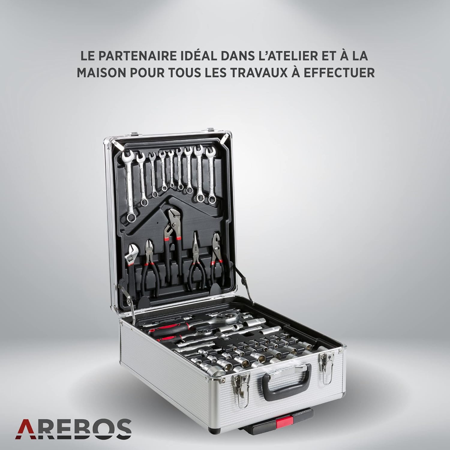 Arebos tool case open, showing the internal removable trays