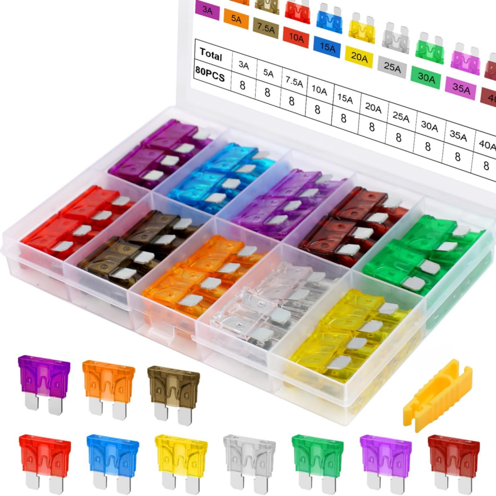 MAKABEE 80Pcs Fuses Automotive Kit - Blade Auto Fuse Assortment Standard and Mini Car Fuse for Marine, RV, Camper, Boat, Truck (3A/5A/7.5A/10A/15A/20A/25A/30A/35A/40A)-image-5