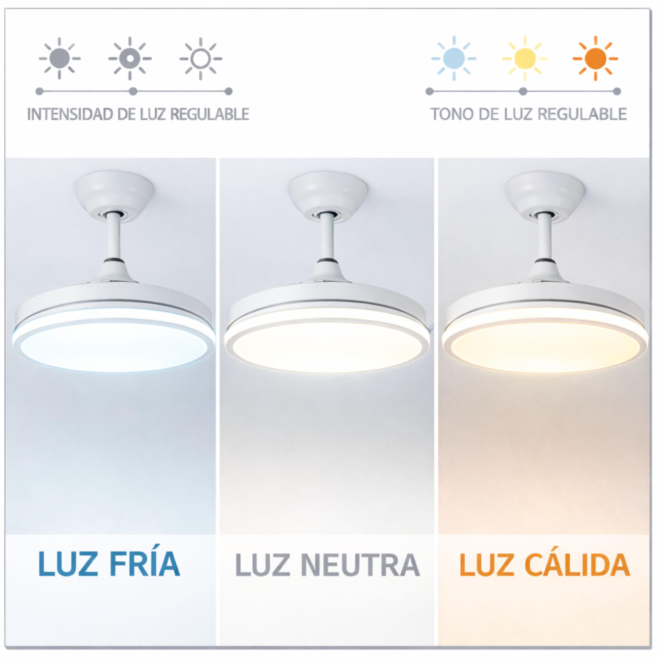 Ventilador de Techo Led 66W, Regulable en Intensidad y en Tono de Luz de Fria a Cálida, 4 Aspas Retráctiles, Mando a Distancia y APP para Móvil, Motor DC Ultra Silencioso, 6 Velocidades (Olg Blanco)