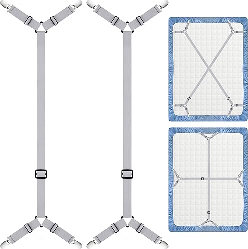 Morcheiong Paquete de 2 correas ajustables para sábanas con clips para sábanas para ropa de cama, amarres, color gris