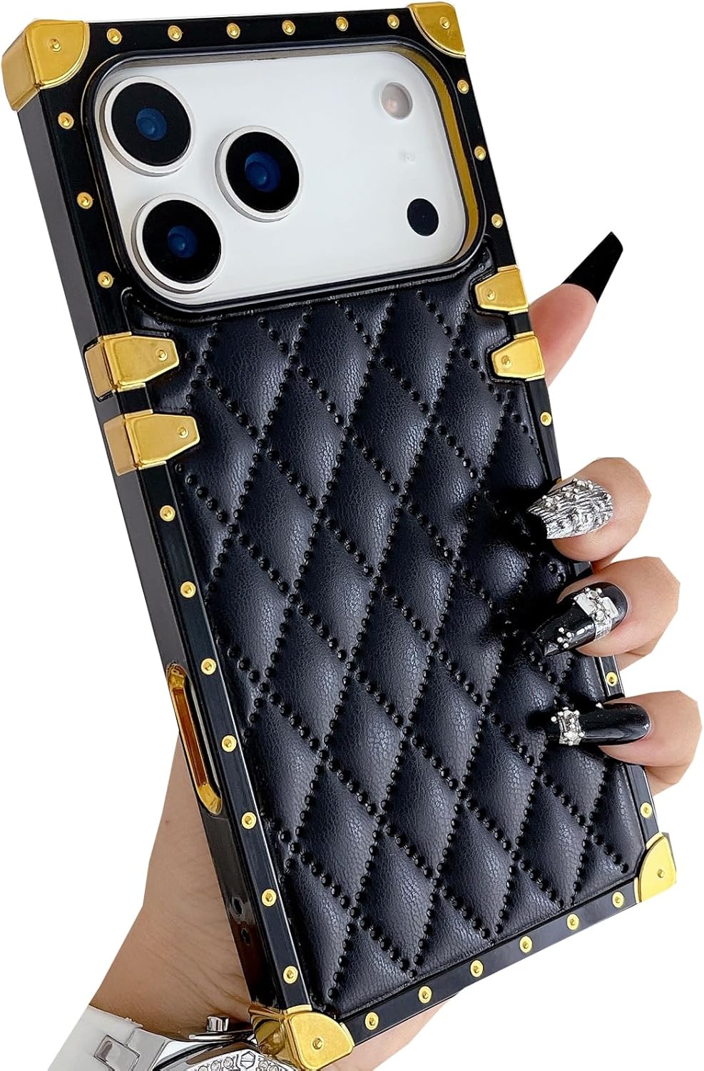 for iPhone 17 Pro Cute Case for Women, Girly Luxury Golden Decoration Corner Soft TPU Bumper Elegant Shockproof PU Leather Back Girls Protective Phone Cover for for iPhone 17 Pro 6.3", Black