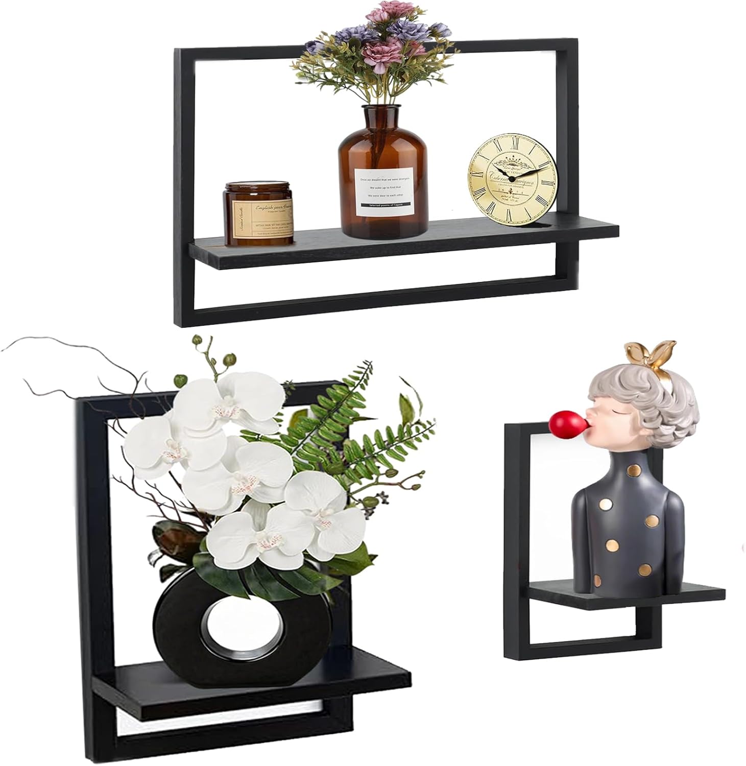 Set of 3 Wooden Floating Shelves for Wall - Solid Wood Kitchen Shelf Decor Floating Wall Shelves for Living Room, Metal Frame Hanging Shelves