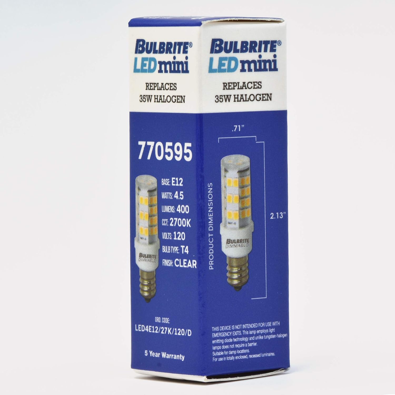 Bulbrite LED Mini T4 Dimmable Candelabra Screw Base (E12) Light Bulb 35 Watt Equivalent 2700K, Clear 2-Pack
