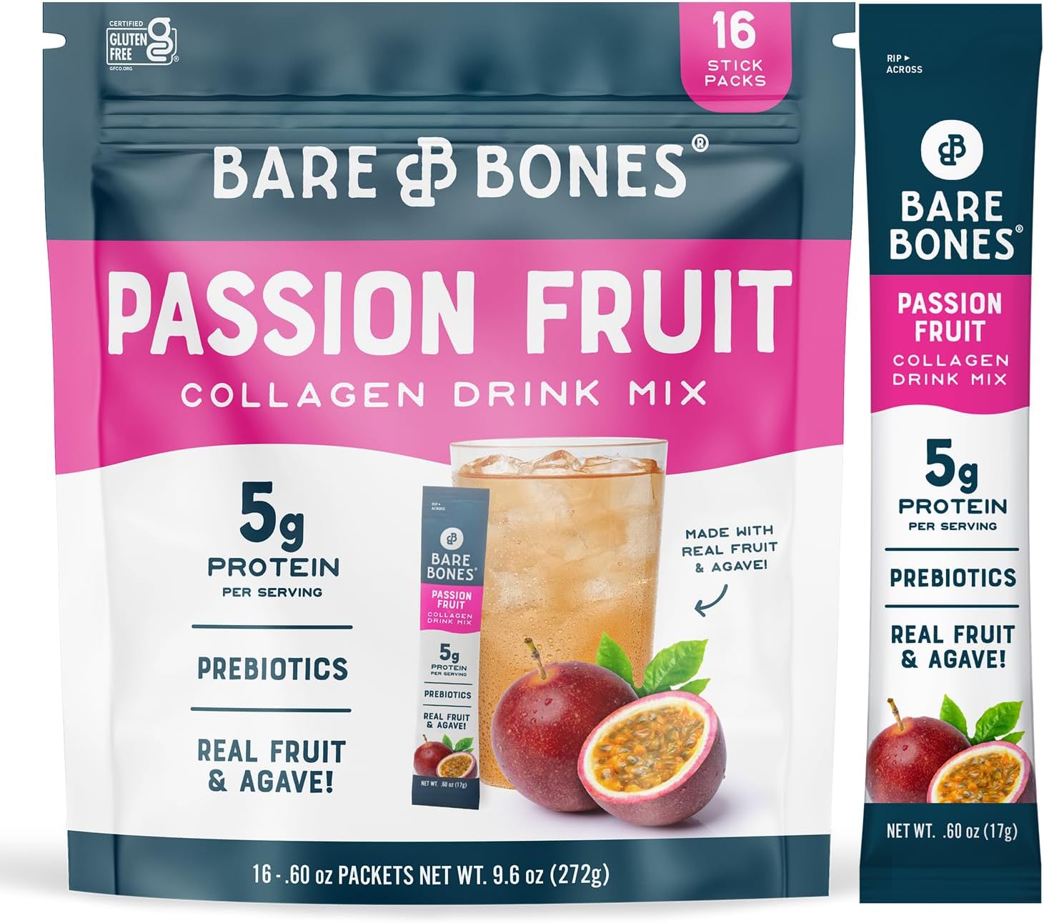 Passion Fruit Collagen Peptides Powder Drink Mix Packets | 5g Protein | Naturally Sweetened Refreshment | Light & Flavorful | Gluten-Free On-the-Go Stick Single-Serve | 16 Packets (0.60 oz)