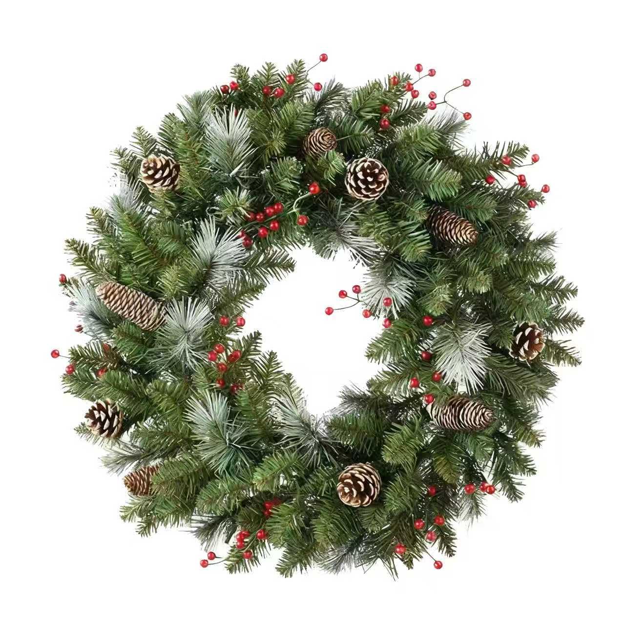 Corona de Navidad artificial de 40 cm con bayas rojas y piñas, corona decorativa de invierno para Navidad, puerta delantera, chimenea, pared, decoración del hogar