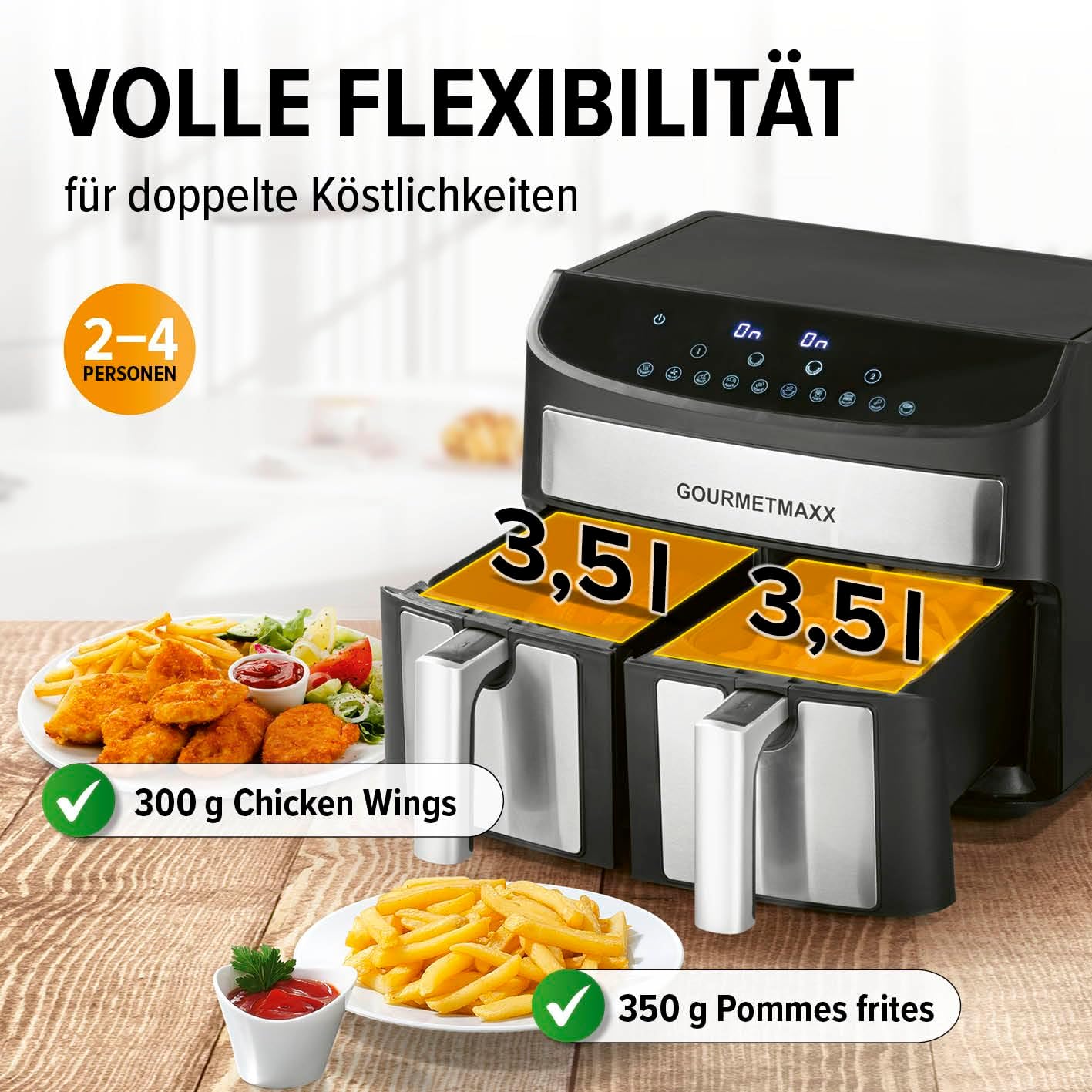 Image showing the GOURMETmaxx air fryer with two baskets, one containing chicken wings and the other fries, indicating a capacity for 2-4 persons with 300g chicken wings and 350g fries.