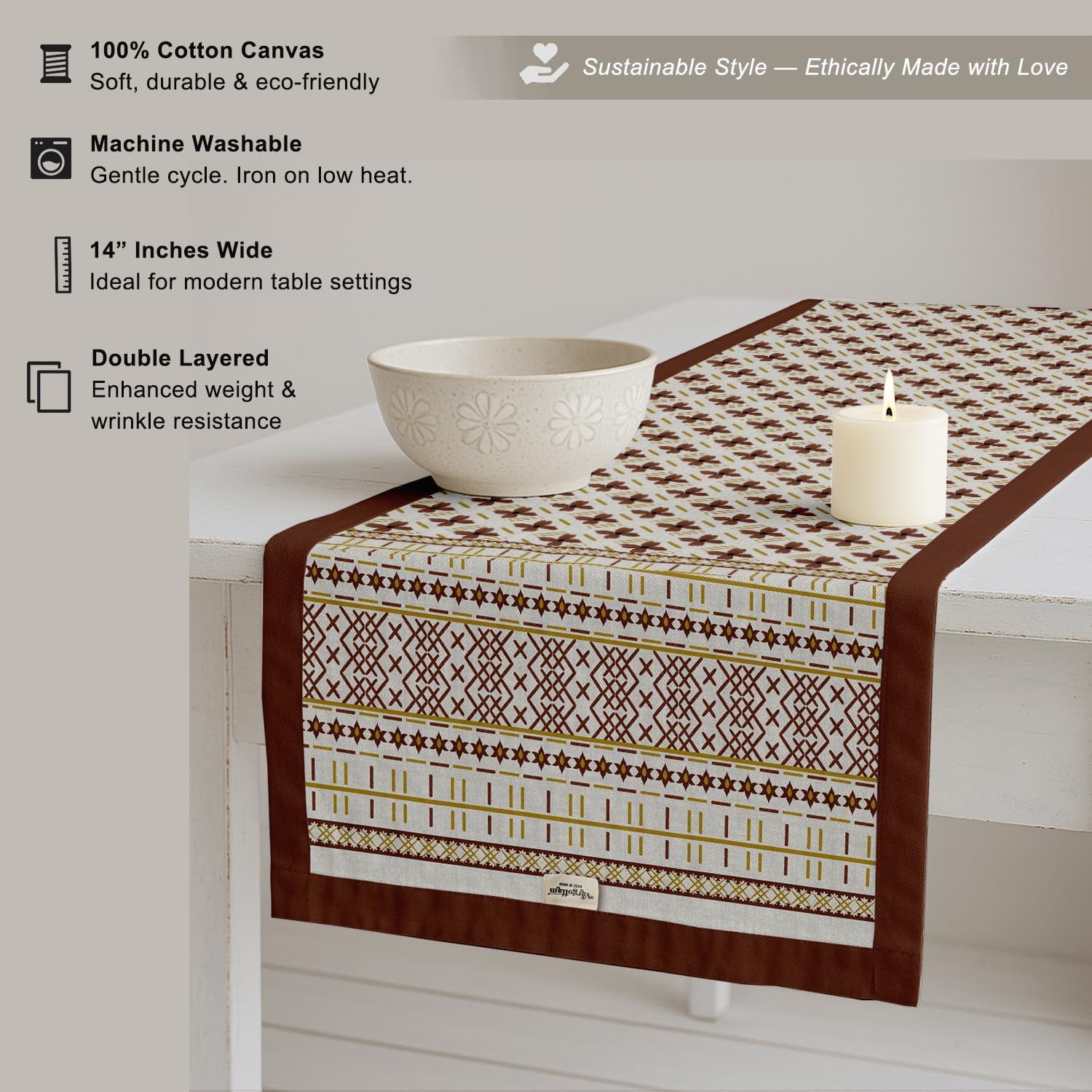 Handcrafted Double Layer Cotton Table Runner - Vargottam Fabric Table Linen with Border - Machine Washable, Stylish Runner for Dining & Console Tables - Floral