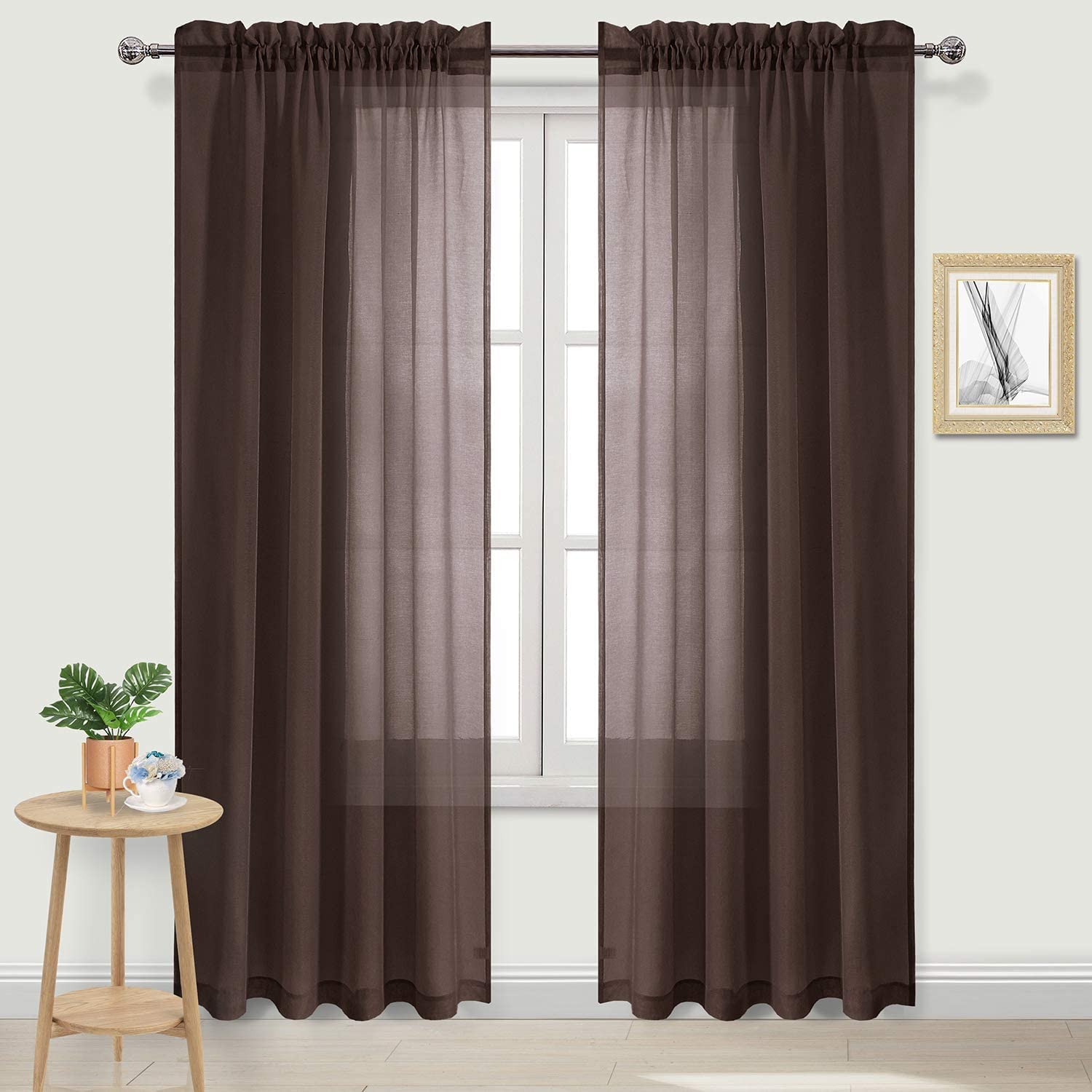 DWCN Brown Sheer Curtains Semi Transparent Voile Rod Pocket Curtains for Bedroom and Living Room, 42 x 84 inches Long, Set of 2 Panels โ image 1