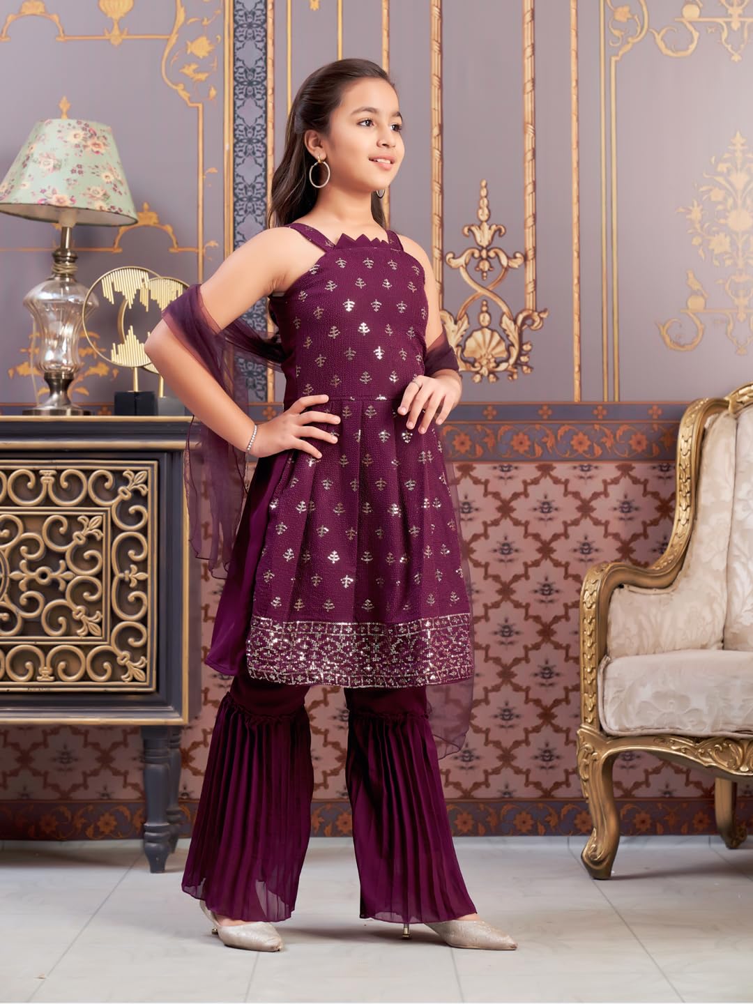 Aarika Girls Ethnic Wear Wine Colour Sequin Embroidery Georgette Kurta Sharara Set With Dupatta-3-13 Years (Sh-Shm-5002)