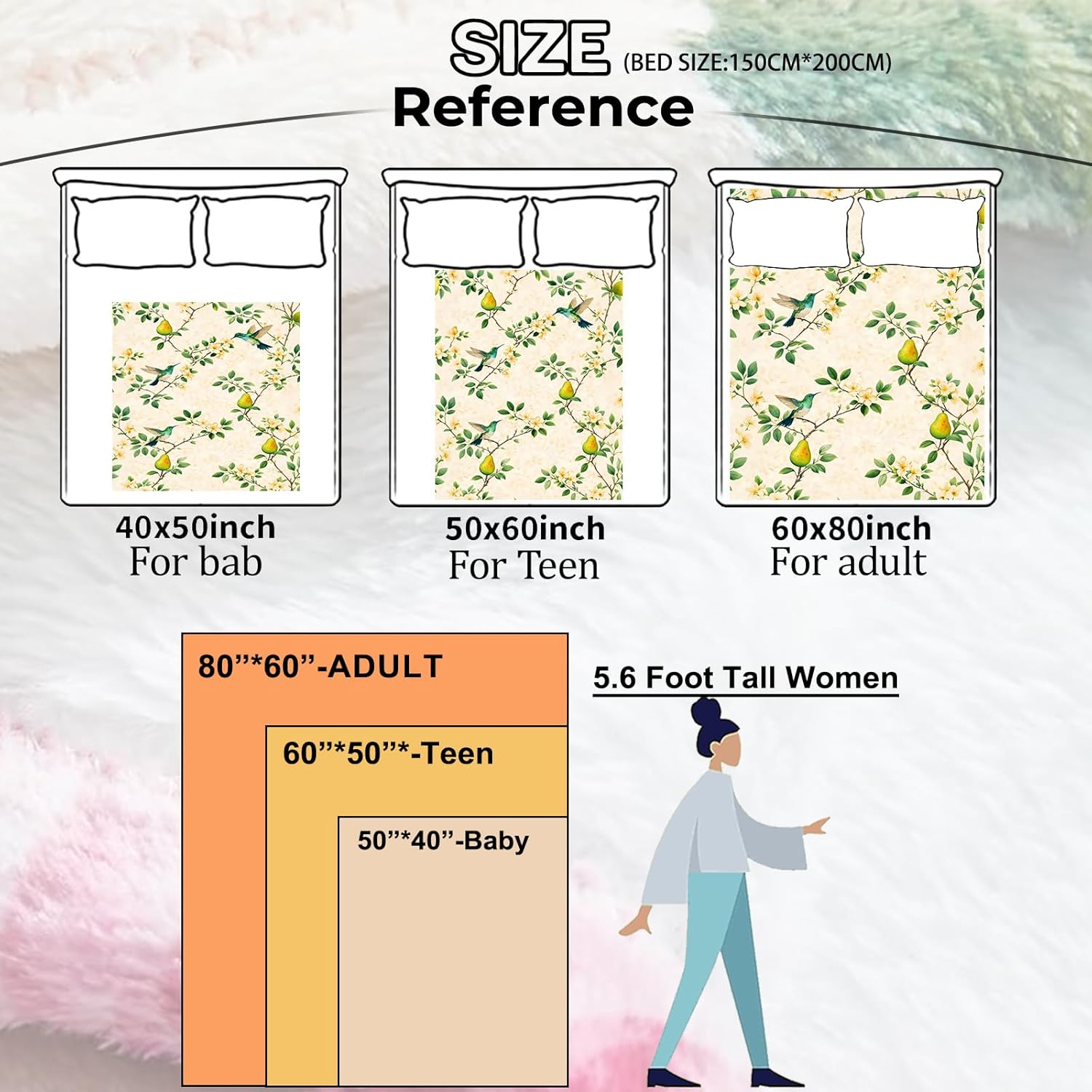 Hummingbird Floral Pattern Blanket, Bird and Fruit Illustration Design Lightweight Flannel Throw 50×60 for Couch Sofa Bed, Home Decor and Gifts for Nature Lovers and Botanical Style Fans