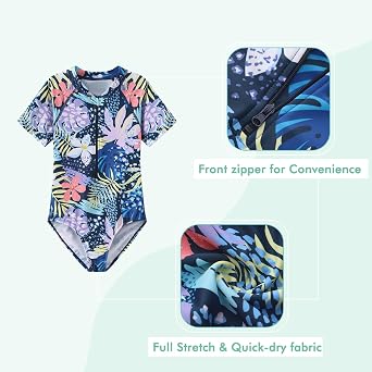 Girls One Piece Swimsuits Short Sleeve Rash Guard for Girl Hawaiian Bathing Suit with Sun Protection Beachwear
