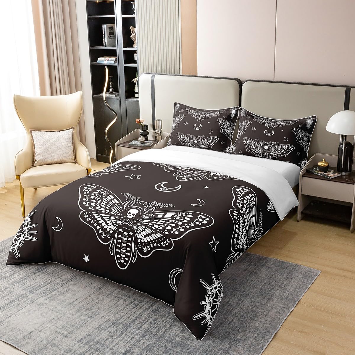 Loussiesd Boho Moth 100% Baumwolle Bettwäsche Set 135x200cm Gothic Schädel Betten Set für Frauen Schlafzimmer Dekor Bohemian Mondstern Bettbezug Set Personalisierte Moth Schädel Skelett Knochen