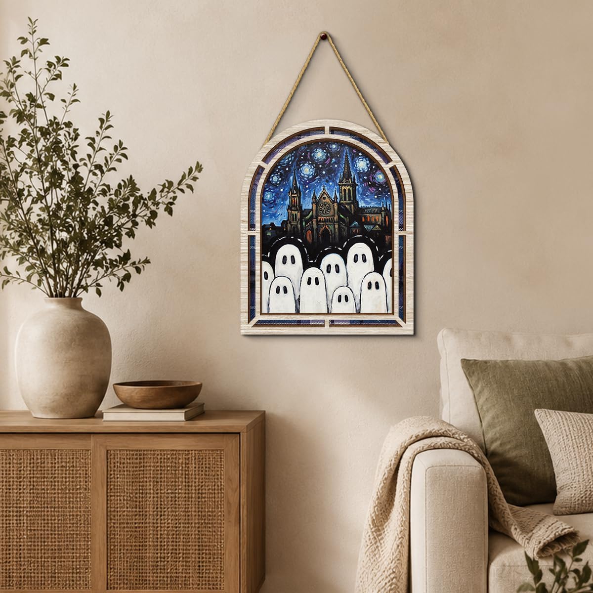 Halloween Ghost Crowd Castle Starry Night Retro Wooden Wall Art Decor Sign image 4