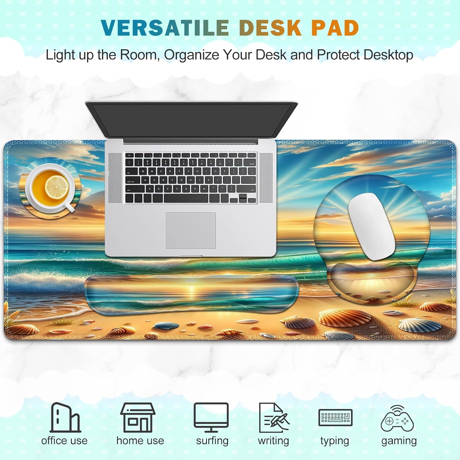 Gaming Mouse Pad, Large Desk Mat, Cute Desk Pad Protector, 4in1 XXL Mousepad + Keyboard Wrist Rest+Mouse Wrist Rest+Coaster Set with Ergonomic Desk Pad for Home Office Computer, Beach Sun Shell