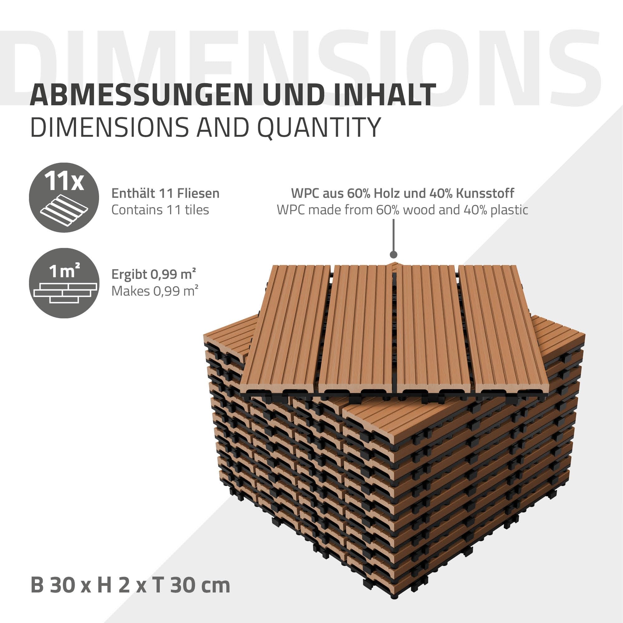 ECD Germany Piastrelle per Pavimenti da Esterno Piastrelle per Terrazze in WPC 30x30 cm Set di 22 pezzi per 2m ² Marrone Chiaro con Aspetto Legno Piastrelle da Giardino con Drenaggio e Sistema Plug-In