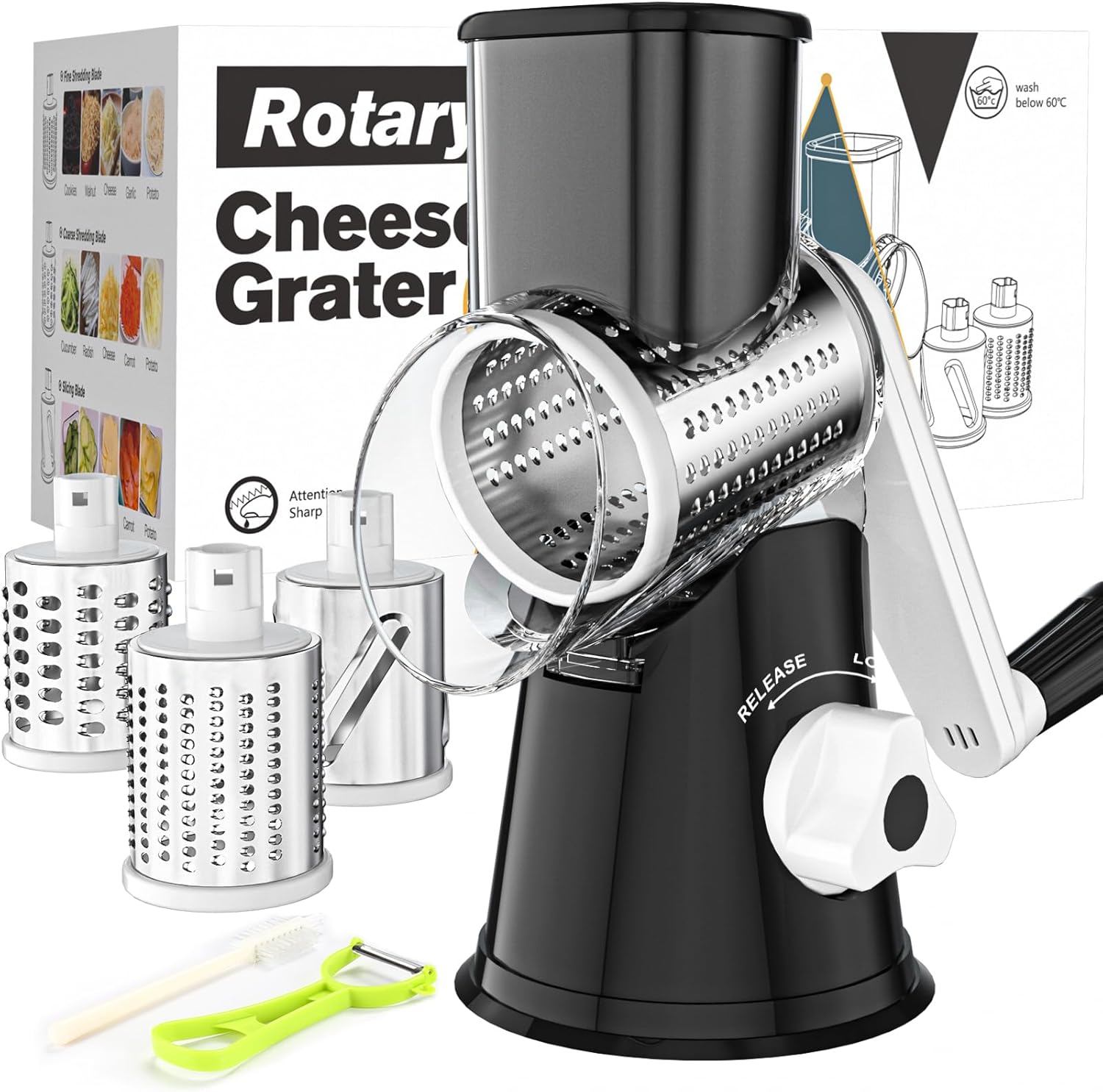 Ourokhome Rotary Cheese Grater Hand Crank, Kitchen Shredder Speed Mandolin Slicer Nuts Grinder with Handle and Drum Blades for Cheese, Vegetable, Walnut, Chocolate, Potato, Carrot, 3 Blades, Black