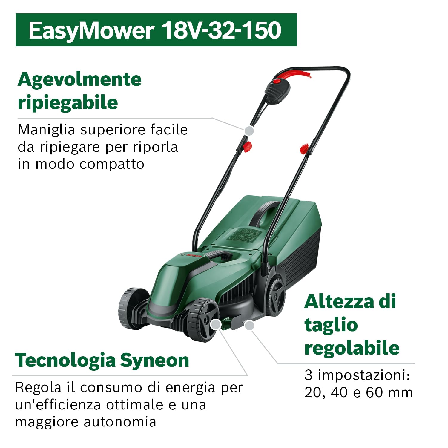 Bosch Tagliaerba/Tosaerba a batteria EasyMower 18V-32-150 | fino a 100 m2 con una batteria da 3,0 Ah; 18 Volt System; larghezza di taglio: 32 cm; con caricabatteria e batteria da 3,0 Ah