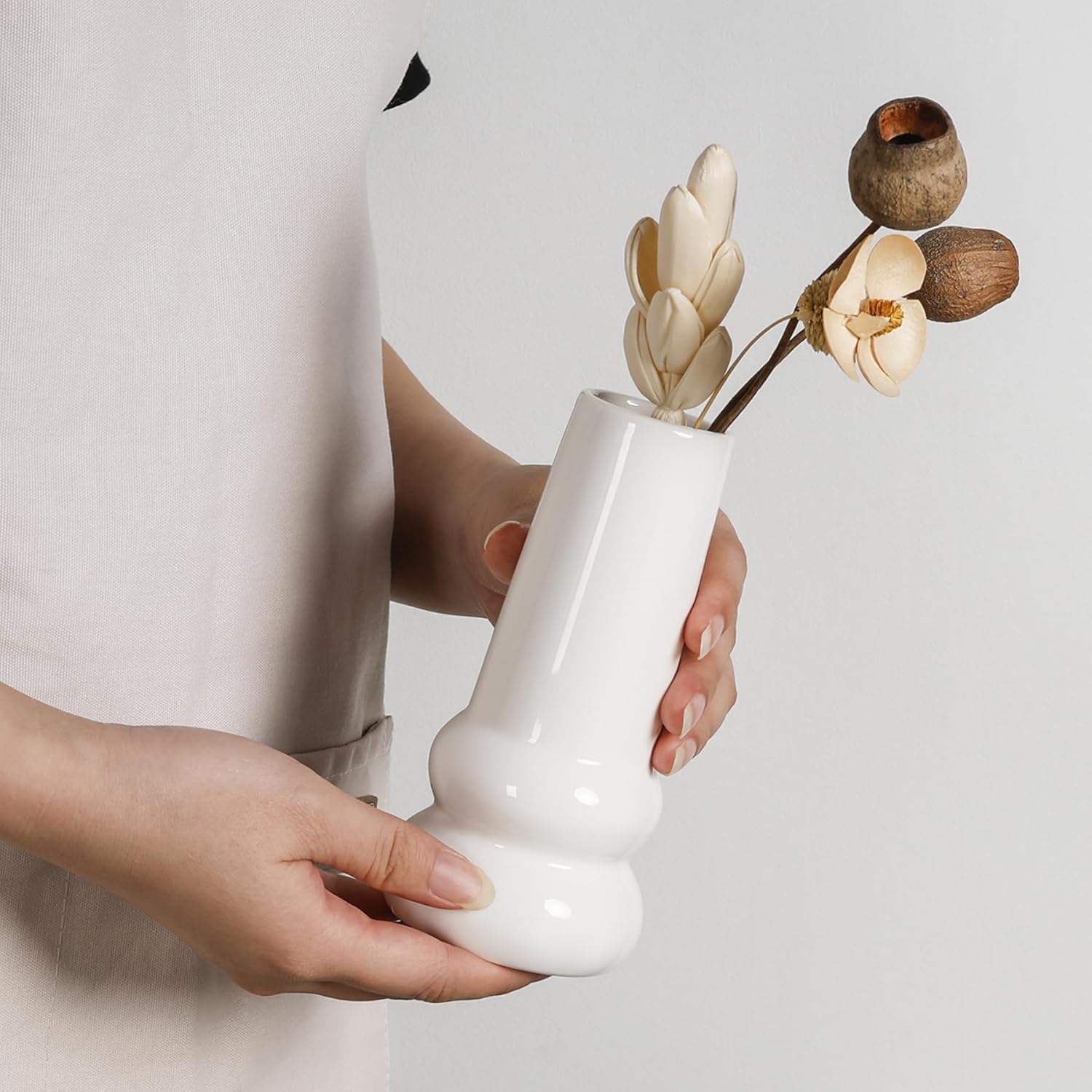 White Small Ceramic Bud Vase for Modern Home Decor, Flower Vase for Centerpieces, Twist Minimalist Style Fit Table, Shelf, Fireplace, Bedroom, Kitchen, Living Room, Office (White, Low Round) - Image 6